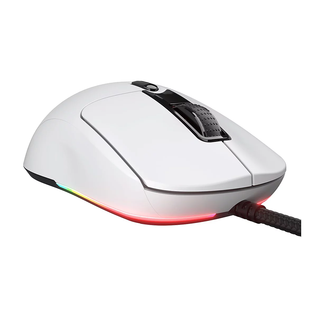 Weiße Gaming-Maus mit schwarzem Scrollrad, geflochtenem Kabel und dezenter RGB-Beleuchtung am unteren Rand.