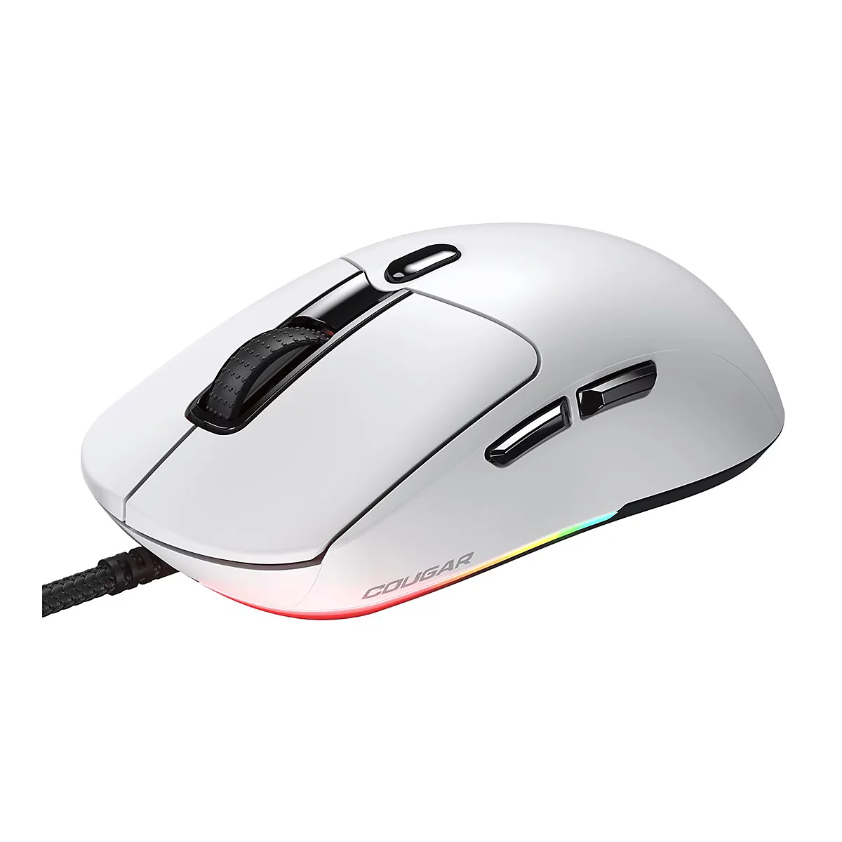 Weiße Cougar Gaming-Maus mit schwarzem Mausrad und RGB-Beleuchtung vor weißem Hintergrund.