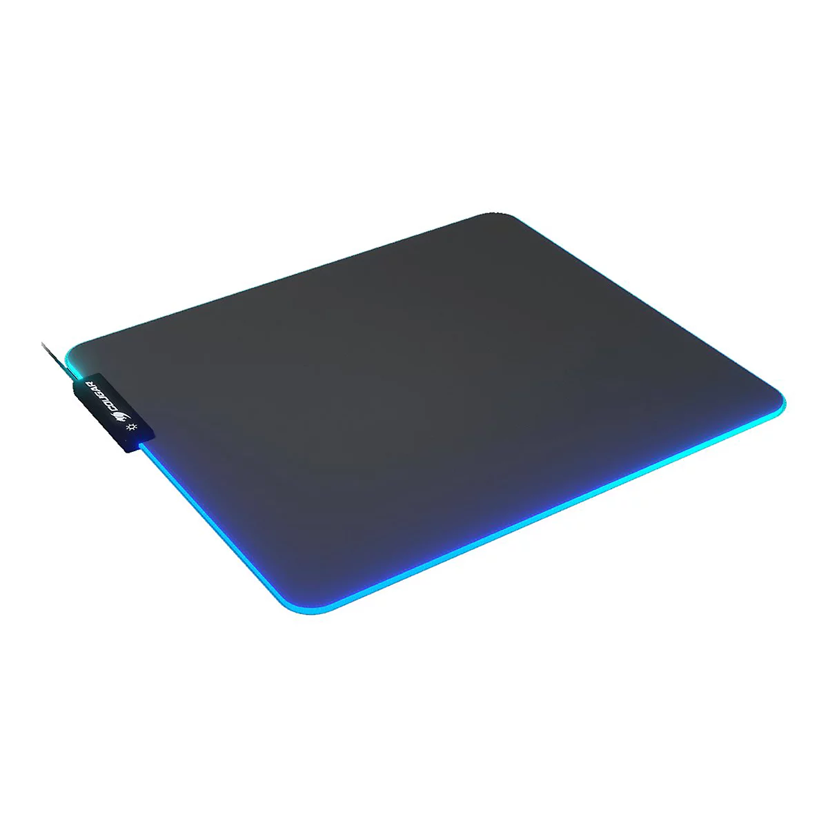 Schwarzes rechteckiges Mauspad mit blauem Leuchtband, Cougar Logo. Kabelanschluss links.