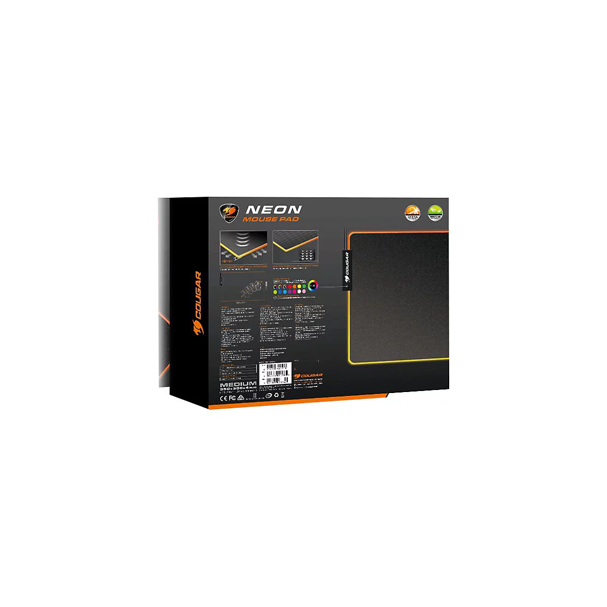 Die Verpackung eines Cougar Neon Mauspads. Auf der schwarzen Verpackung ist das Neon Mousepad mit gelb-orangem Rand abgebildet, sowie Details zu den Funktionen.