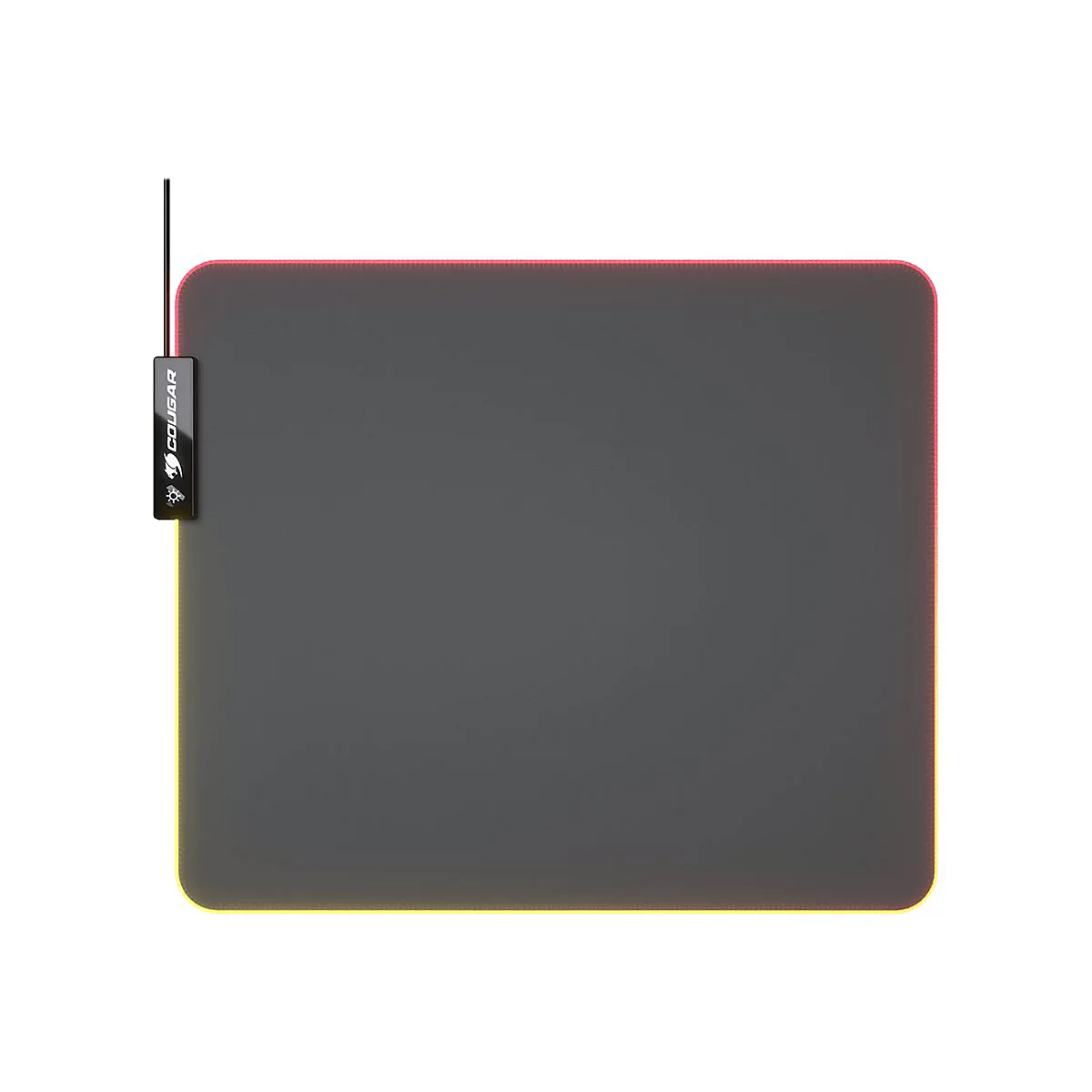 Graues Gaming-Mauspad mit LED-Beleuchtung. Das Cougar-Logo ist am oberen linken Rand zu sehen. Rote und gelbe Farbgebung.