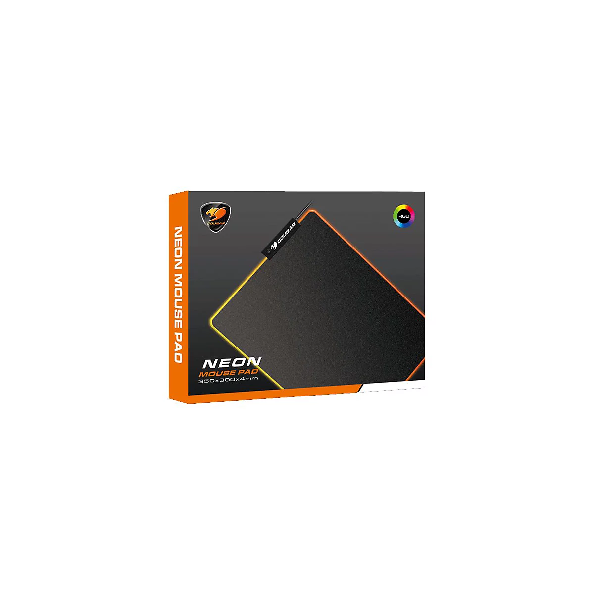 Verpackung eines schwarzen Cougar Neon Mousepads mit orangefarbener Umrandung und RGB-Beleuchtung.