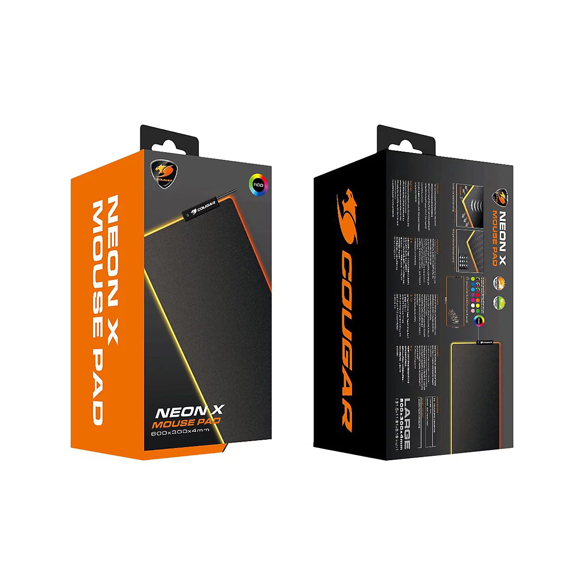 Eine Produktverpackung für ein Cougar Neon X Mousepad, auf der Vorderseite steht 'NEON X MOUSE PAD' und auf der Rückseite Details und Logos.