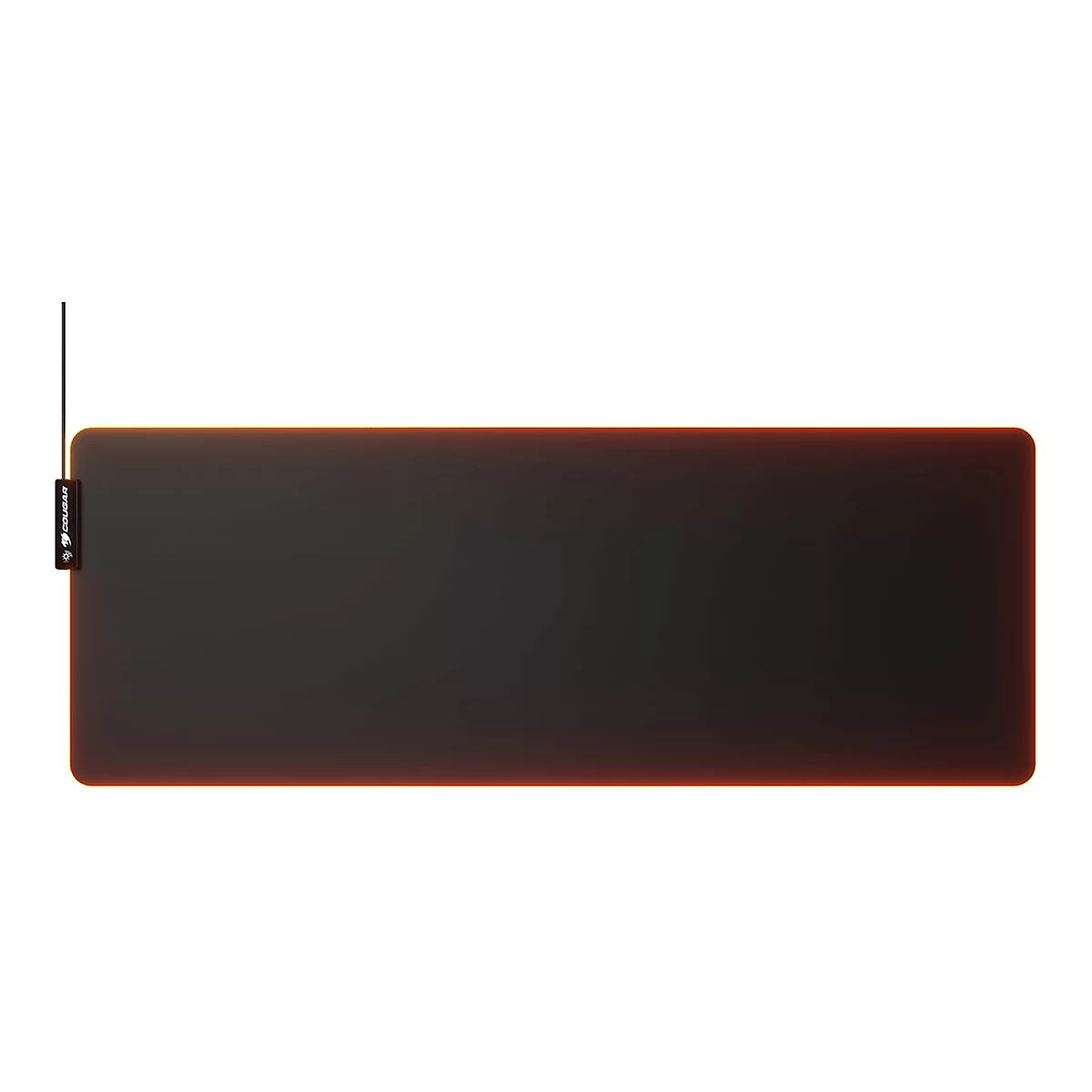 Schwarzes Gaming-Mauspad mit LED-Beleuchtung und orangefarbenem Rand, Cougar-Logo.