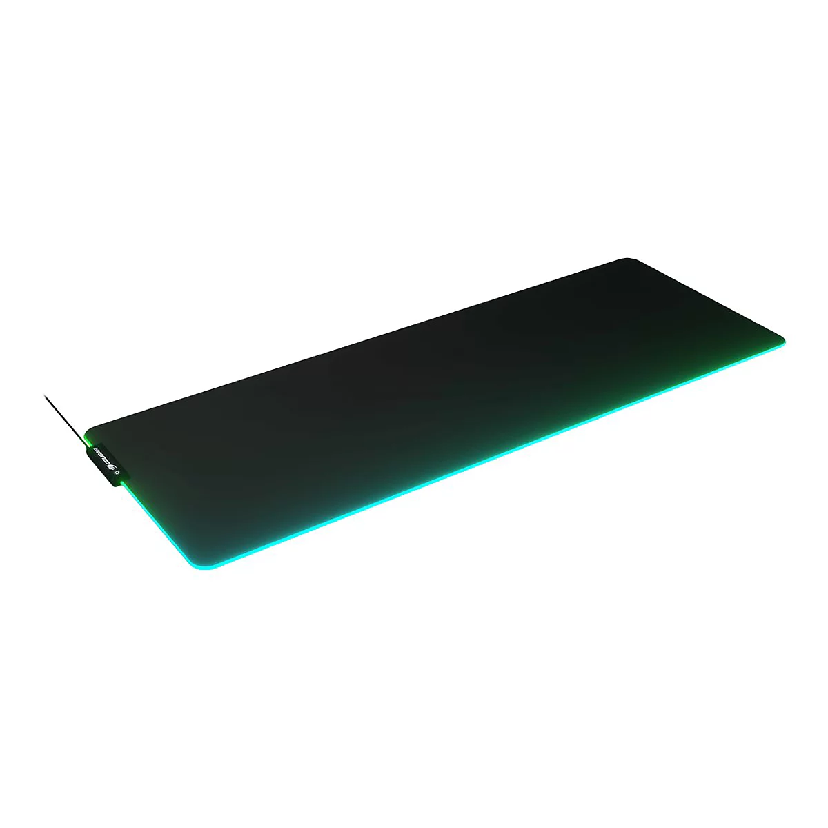Schwarzes Gaming-Mauspad mit LED-Beleuchtung, Kabel und Firmenlogo.