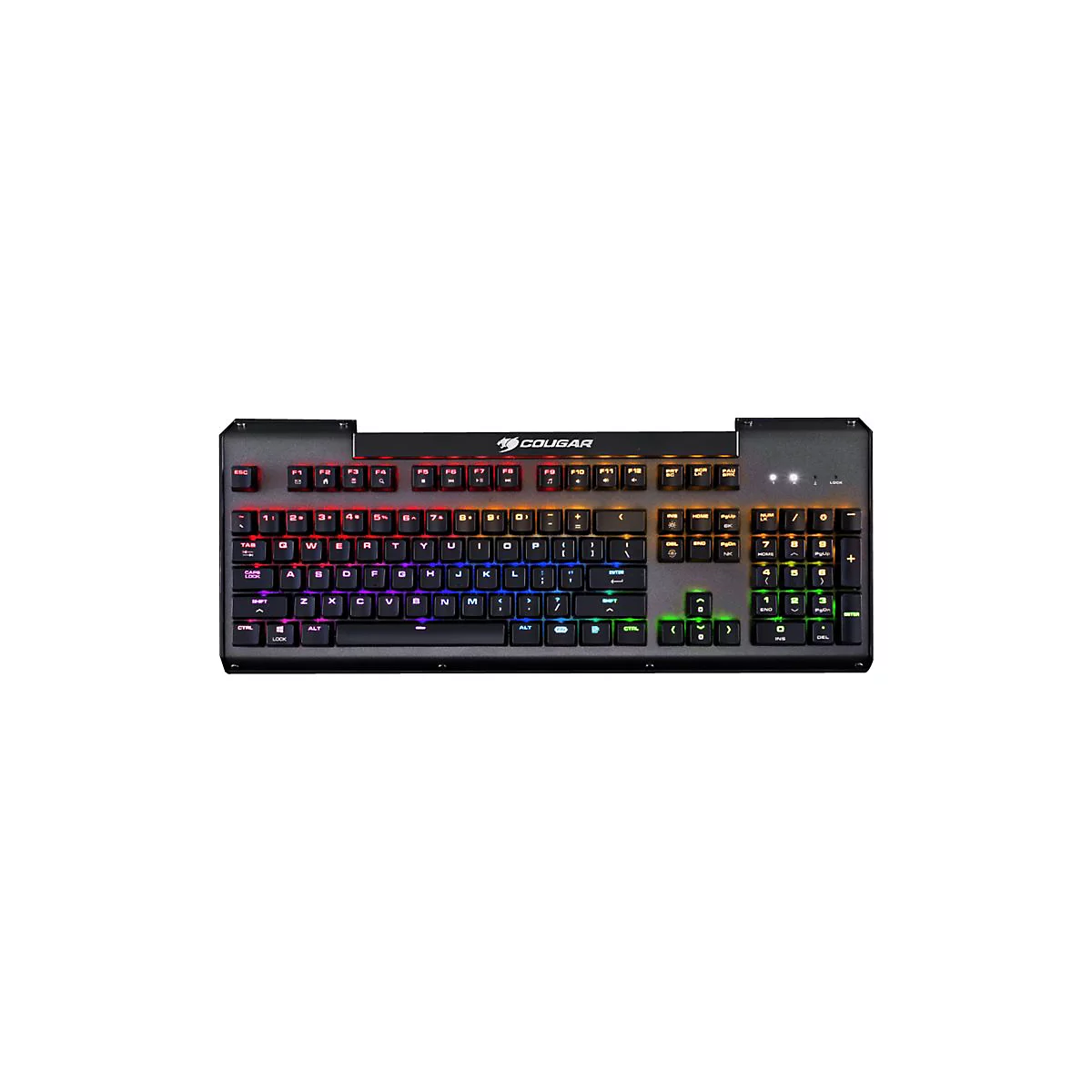 Schwarze Cougar Gaming-Tastatur mit mehrfarbiger RGB-Tastenbeleuchtung vor weißem Hintergrund.