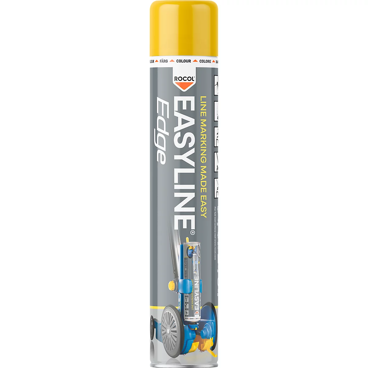 Bombe de peinture jaune ROCOL Easyline avec image du produit. Inscription Easyline et Edge.