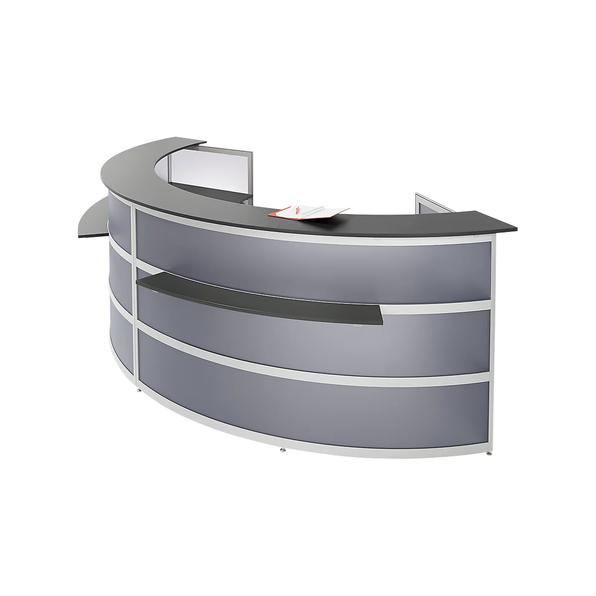 Gray, semicircular reception desk with shelves and papers.