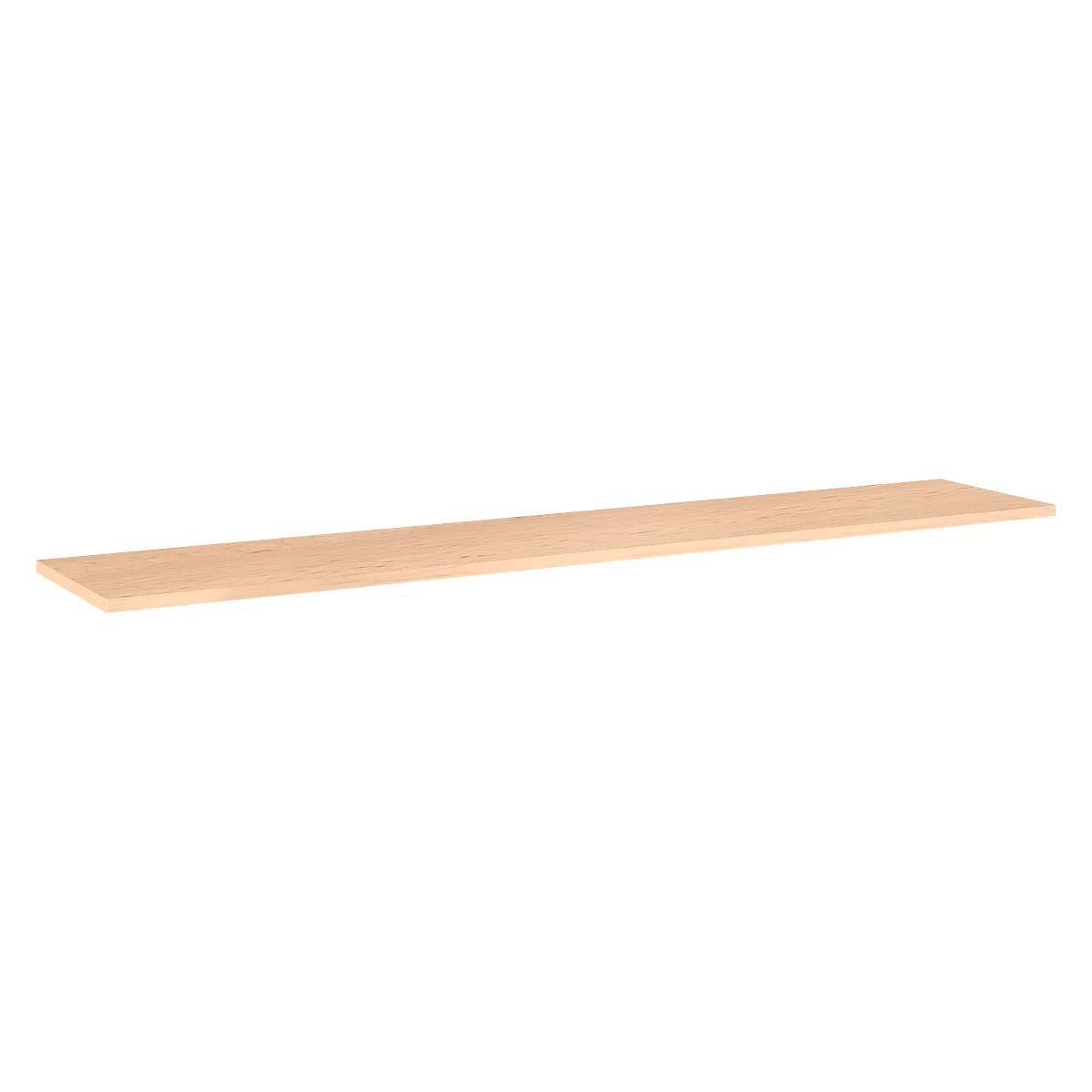 Long, light brown wooden board. The surface is smooth and even, the edges are slightly rounded.
