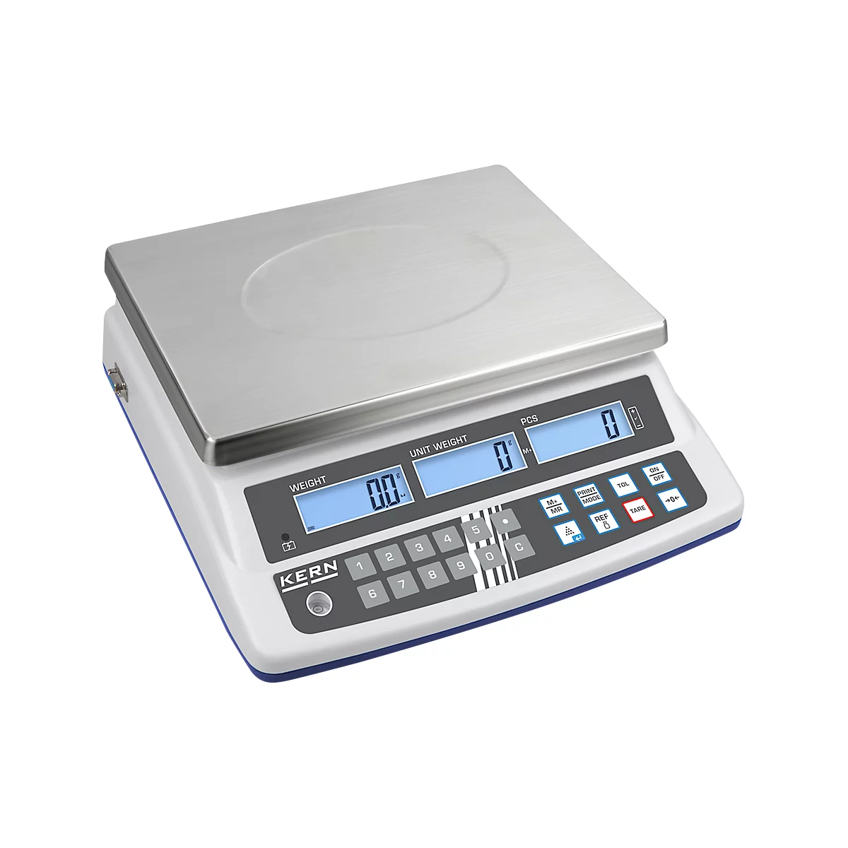 Digital scale with stainless steel weighing surface, display for weight, quantity and unit weight, keypad and display.