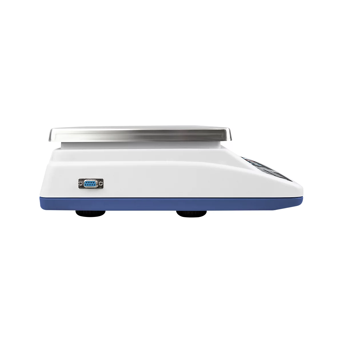 Side view of a white scale with stainless steel plate, blue base, and a connector.