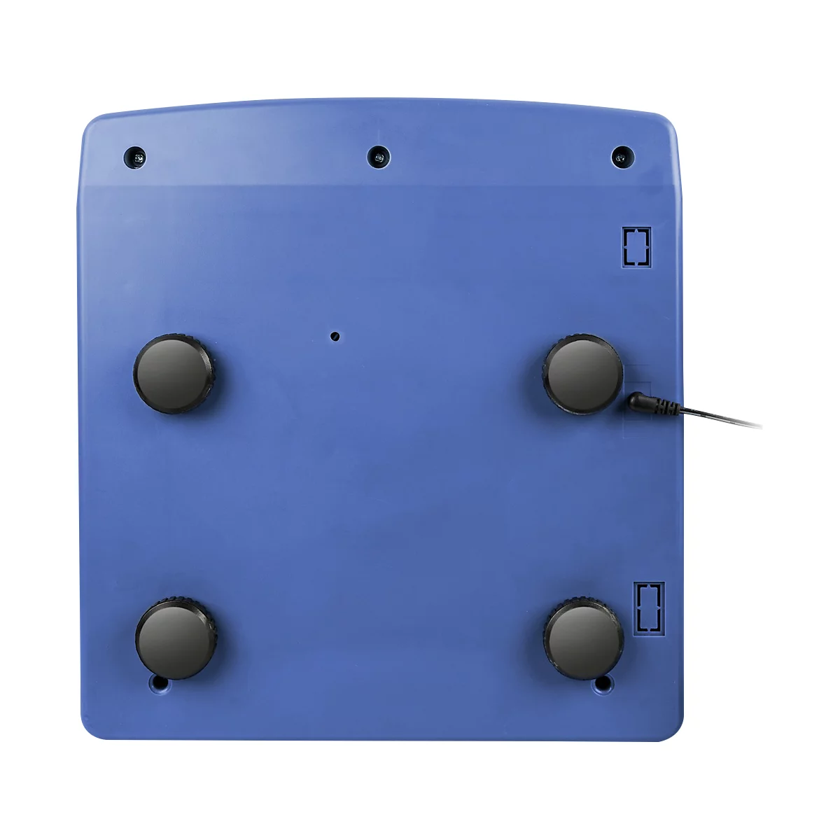 Blue device, underside. Four buttons, a hole, and two rectangular recesses. A cable is connected.