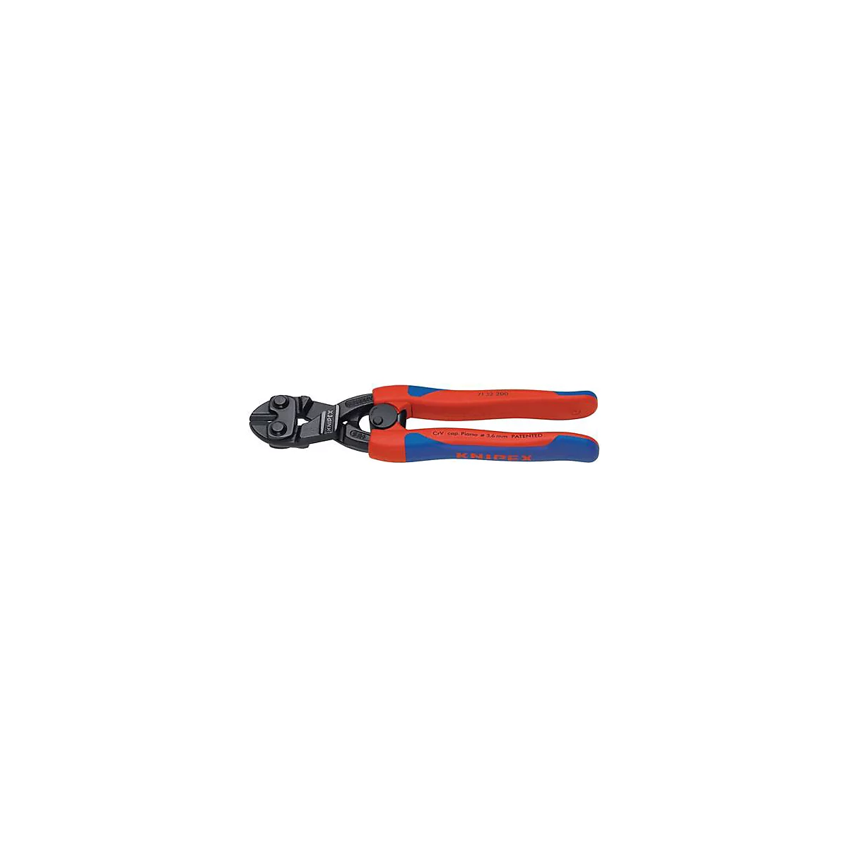Coupe-boulons Knipex. Arêtes de coupe noires, poignées rouges et bleues. Inscriptions : Knipex, CrV, 16mm.
