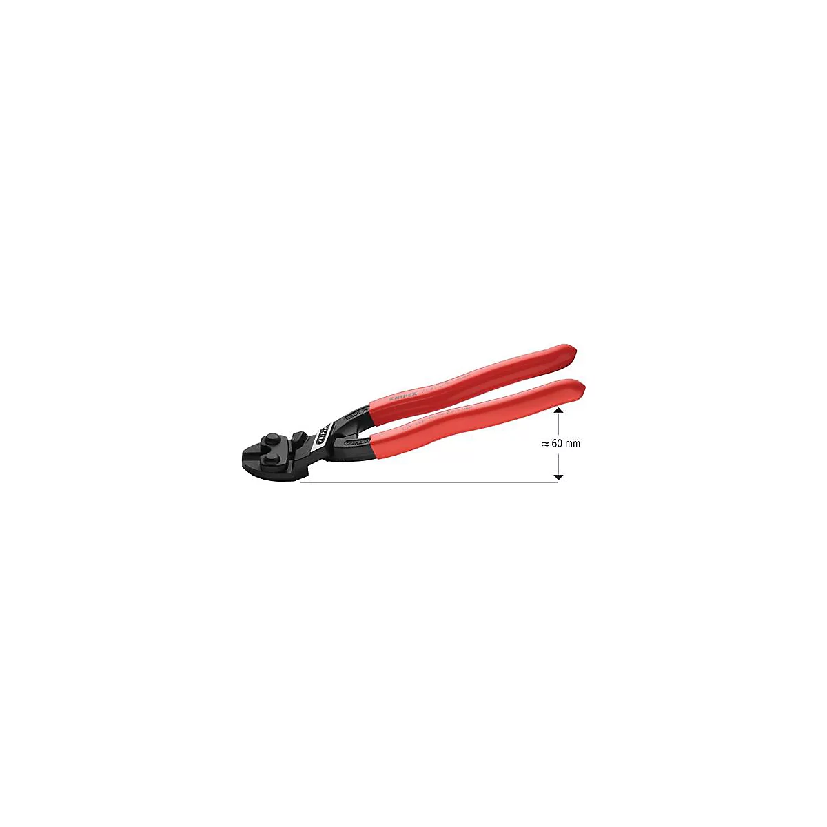 Pince coupante à boulons avec poignées rouges et tête noire. Inscription : KNIPEX. La distance entre les poignées est d'environ 60 mm.