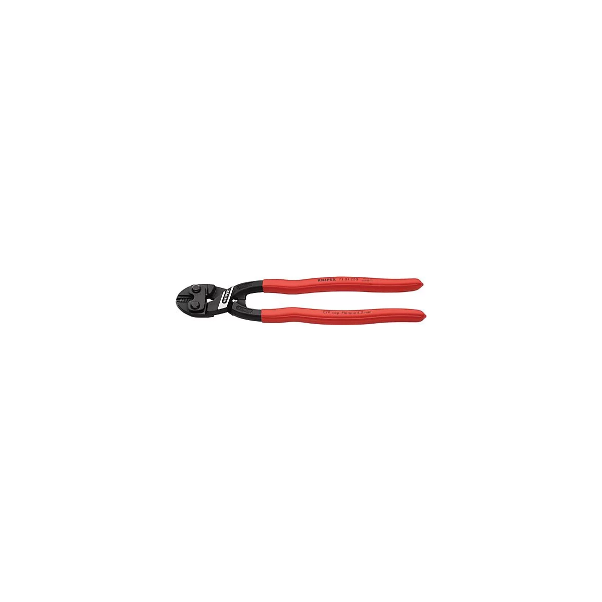 Pince coupante noire avec poignées rouges. Knipex est écrit sur les poignées.