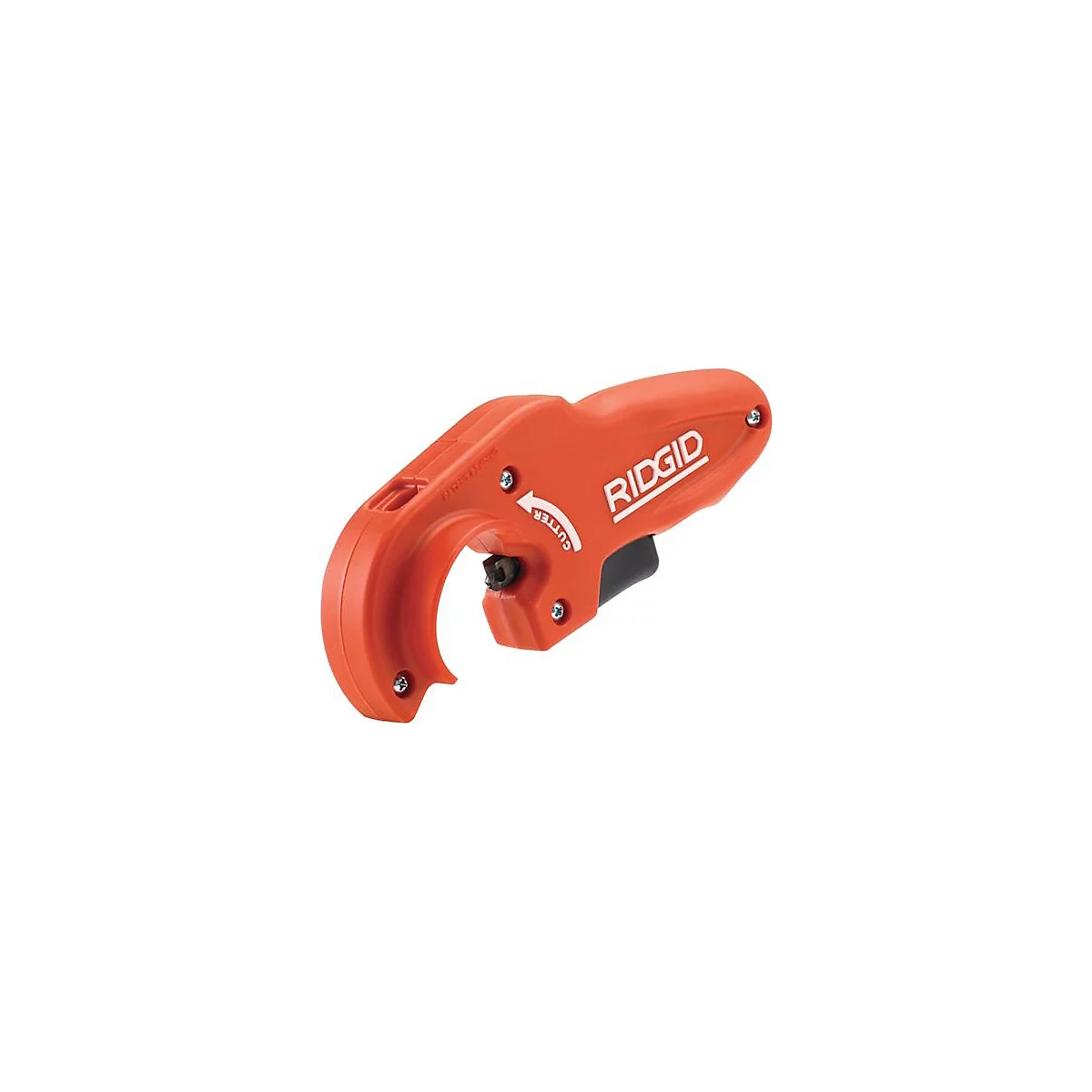 Coupe-tube orange avec le logo 'RIDGID' en blanc. Flèche avec l'inscription 'CUTTER' indiquant le sens de rotation. Gâchette noire.