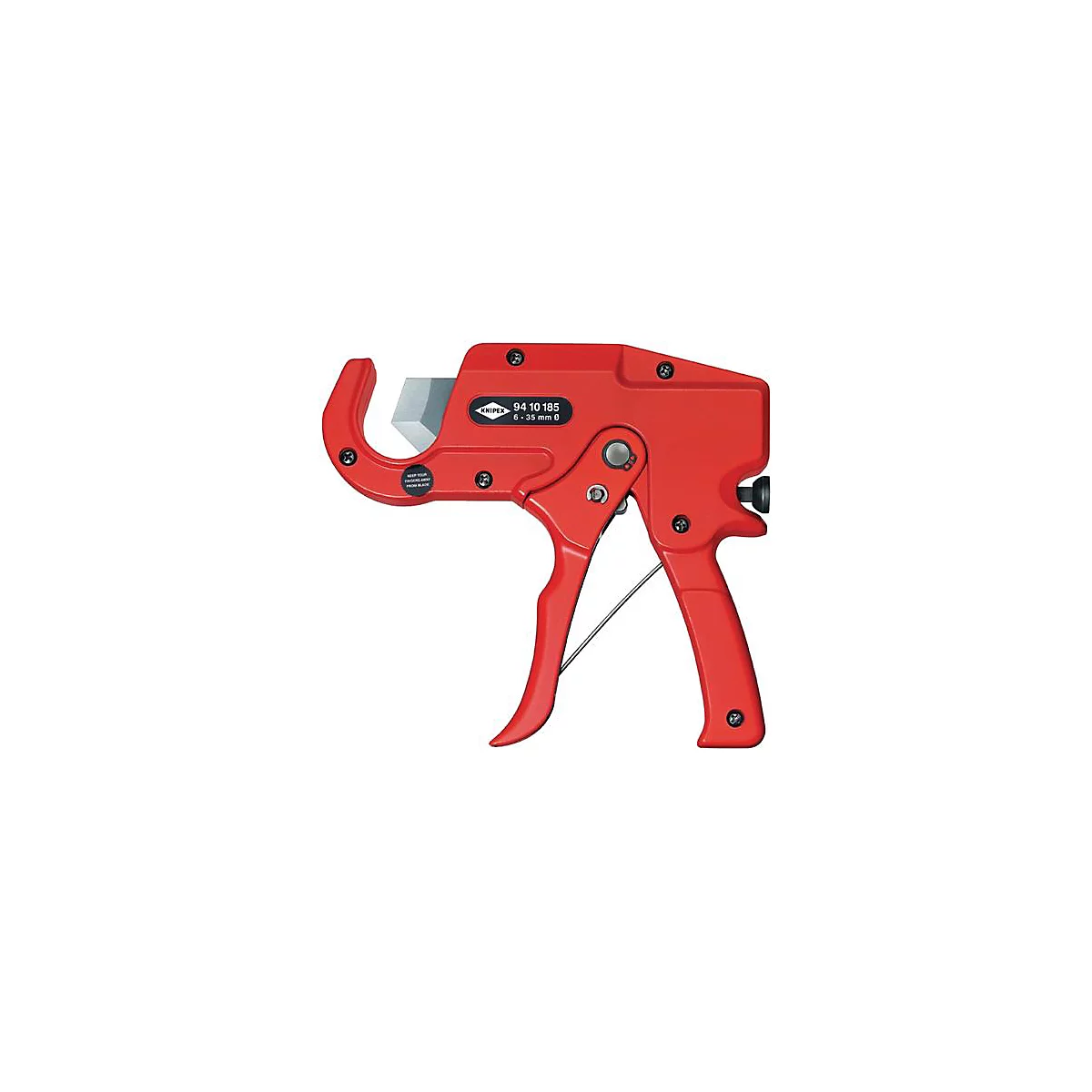 Coupe-tube rouge avec lame, marque KNIPEX, modèle 94 10 185, pour tubes de 6 à 35 mm de diamètre.