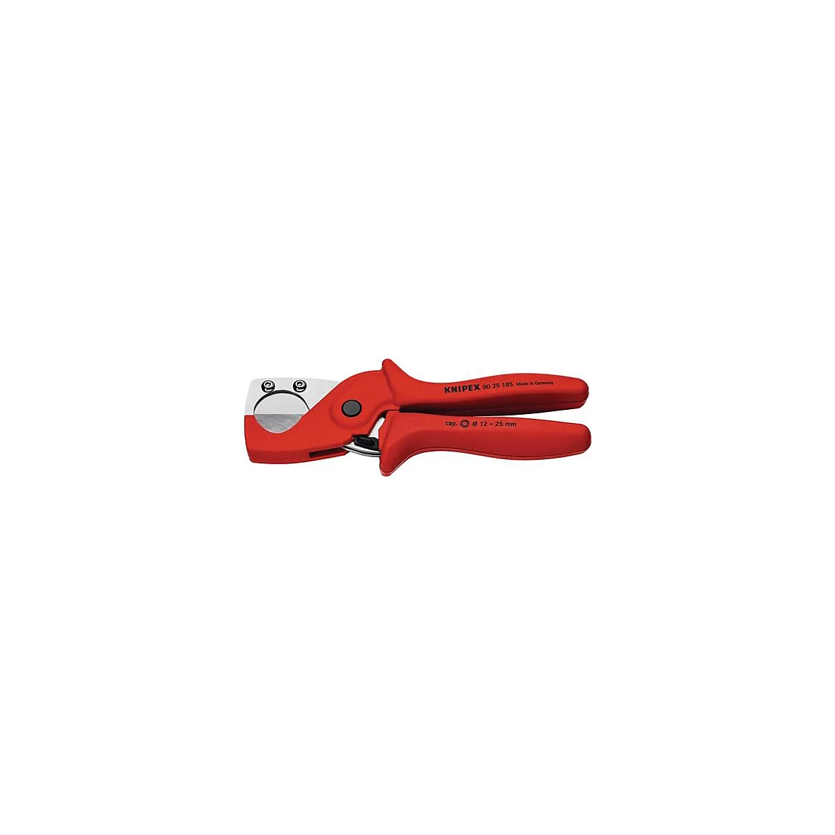 Gros plan d'un coupe-tube Knipex rouge. Du texte est gravé sur l'outil.