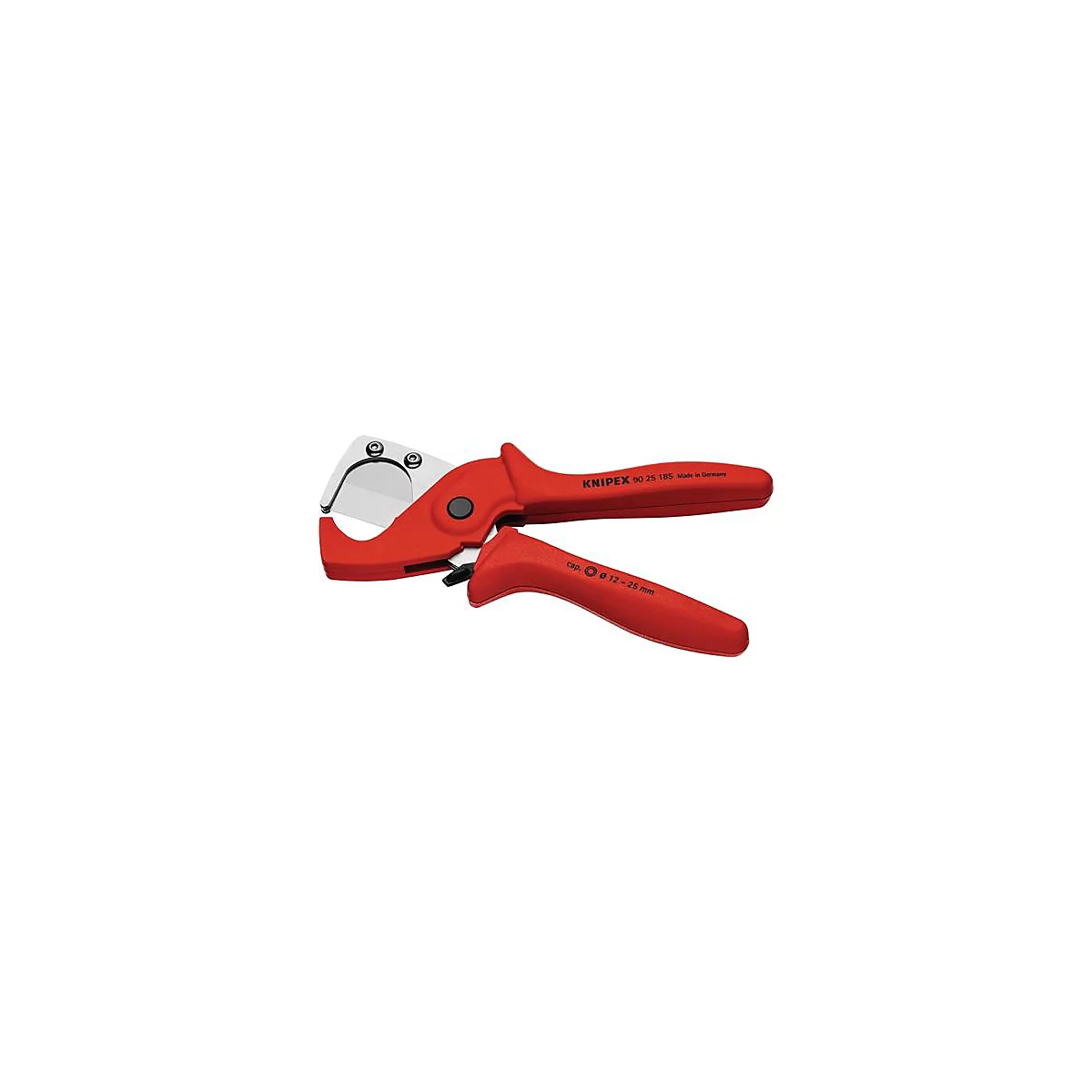 Coupe-tube rouge avec lame argentée. "KNIPEX" est écrit sur la poignée.