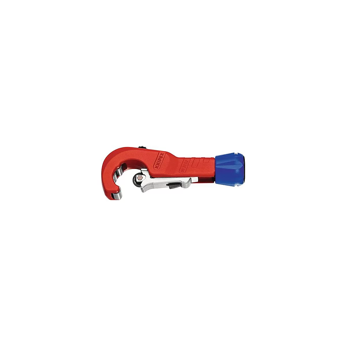 Un coupe-tube rouge, partiellement bleu, avec des éléments argentés. Inscription : KNIPEX.