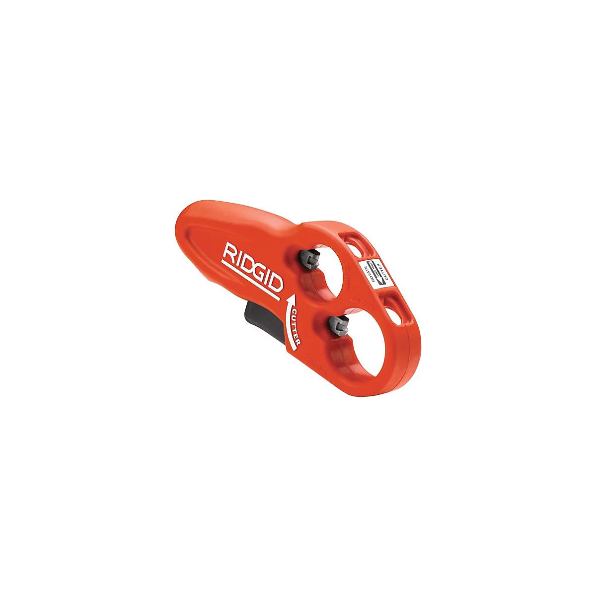 Un coupe-tube RIDGID orange. La flèche et le mot 'Cutter' indiquent le sens de rotation.