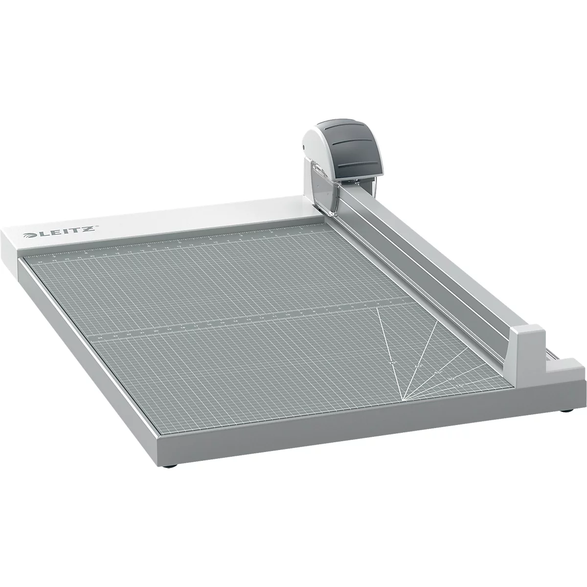 Coupe-papier gris avec logo Leitz. Tapis de coupe avec quadrillage et marquages d'angle.