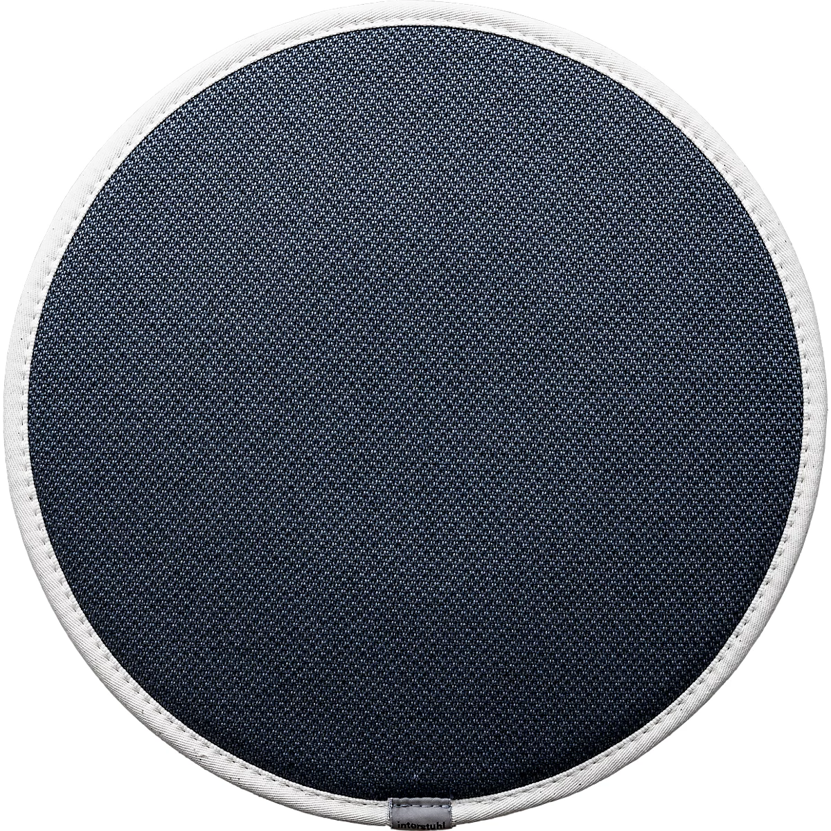 Tissu rond bleu-gris, bordé de cuir blanc. Un élément gris en bas.