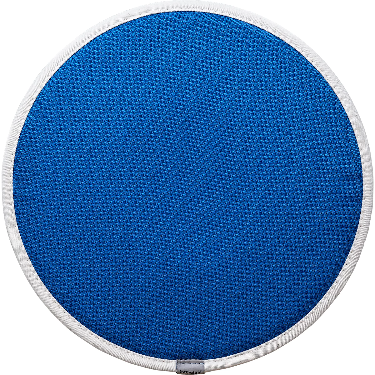 Coussin de siège bleu rond avec une bordure blanche.