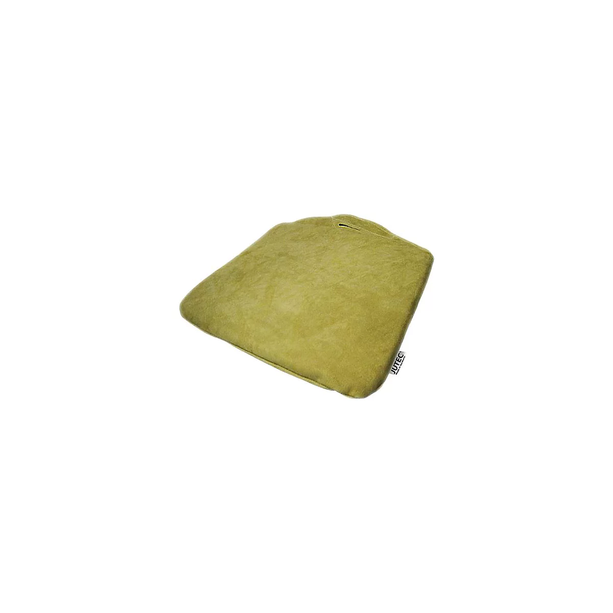 Coussin vert clair avec une surface rugueuse, légèrement en biais. L'étiquette indique "Jutec".