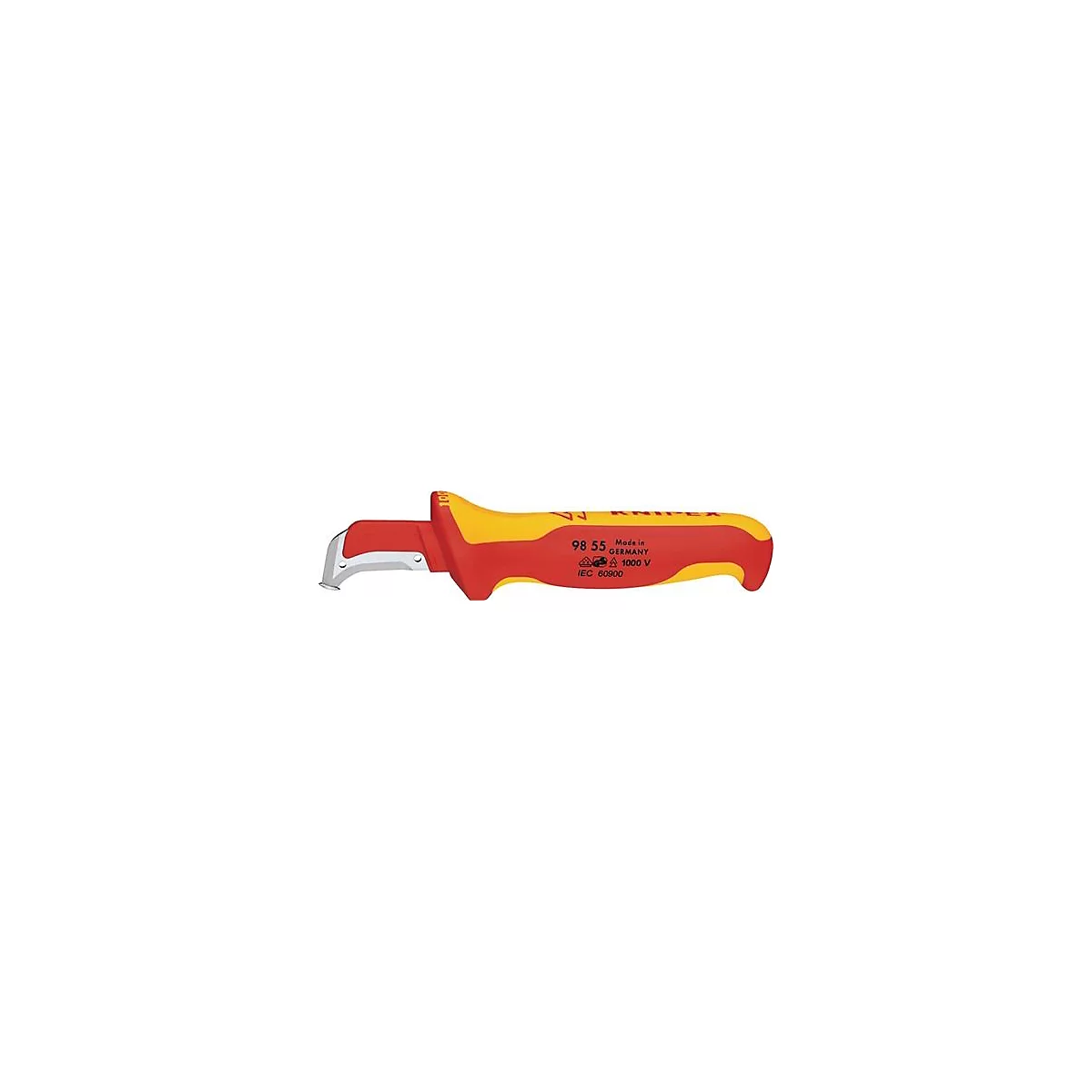 Un outil de dénudage rouge et jaune, avec l'inscription KNIPEX, 98 55, Made in Germany, 1000 V, IEC 60900.