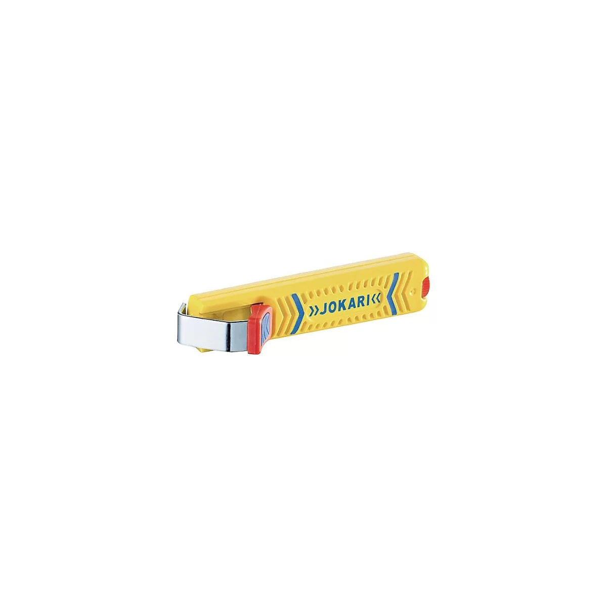 Outil de dénudage jaune et bleu, avec un élément rouge et le texte »JOKARI«.