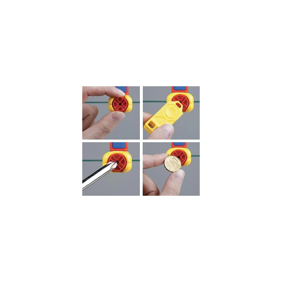 Quatre images montrent l'assemblage d'un jouet : main, outil et pièce de monnaie interagissant avec un jouet jaune-rouge-bleu. Chaque élément est présenté.