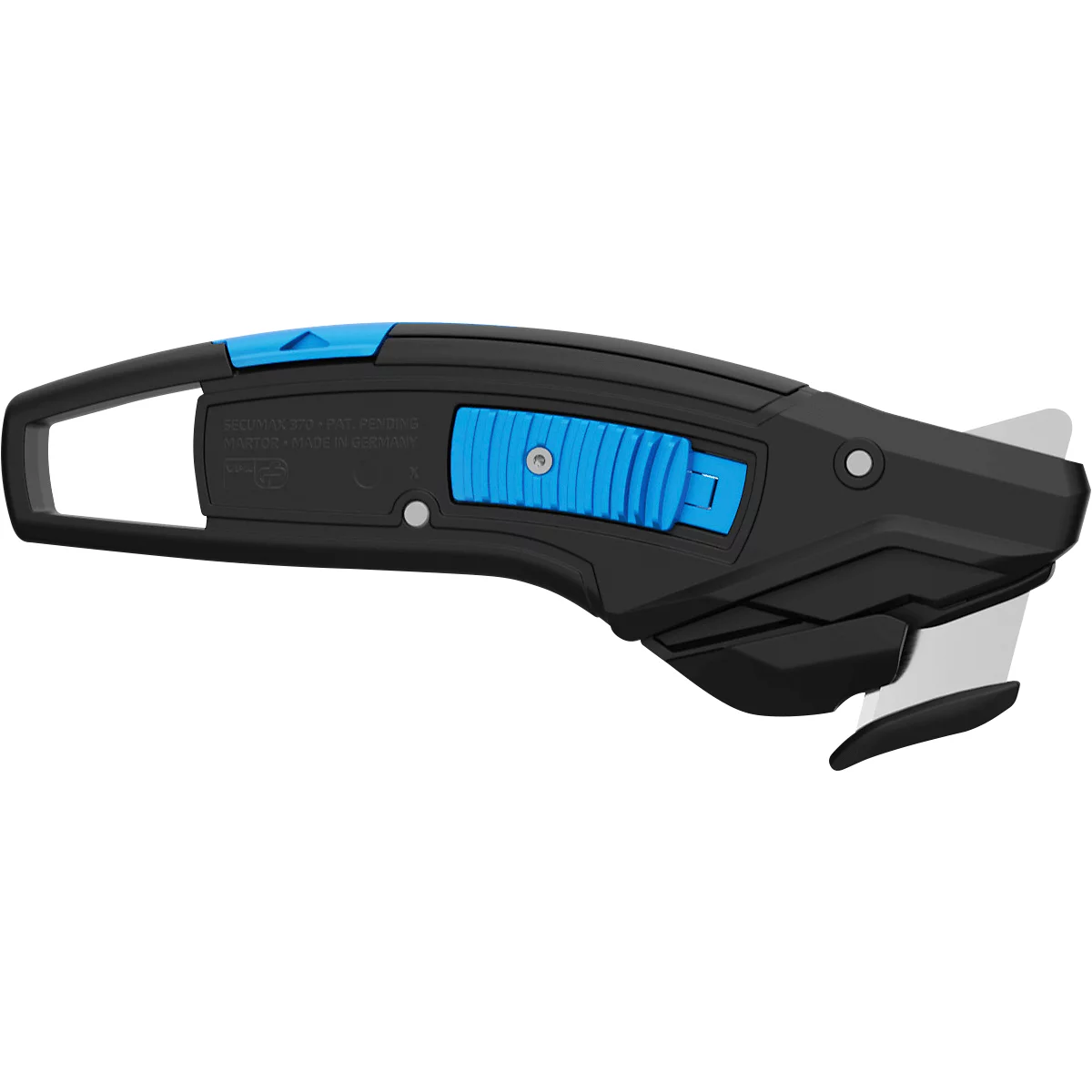 Couteau de sécurité noir avec commandes bleues et lame en métal sur fond blanc.