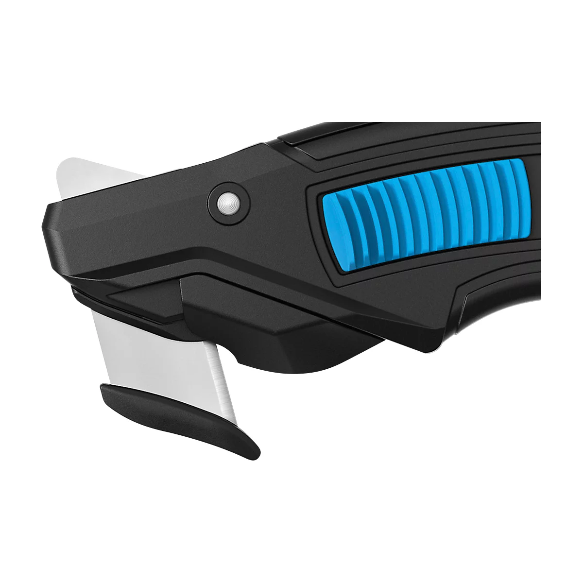 Gros plan sur un couteau de sécurité avec poignée noire et élément de commande bleu.