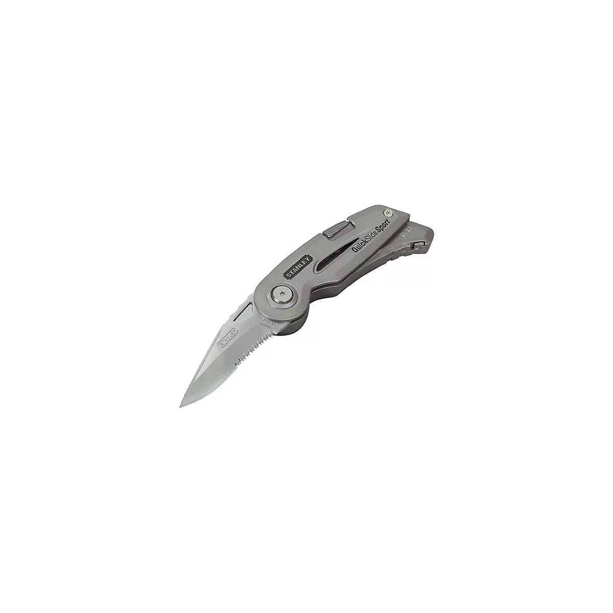 Un couteau Stanley QuickSlide Sport argenté avec une lame dentelée.