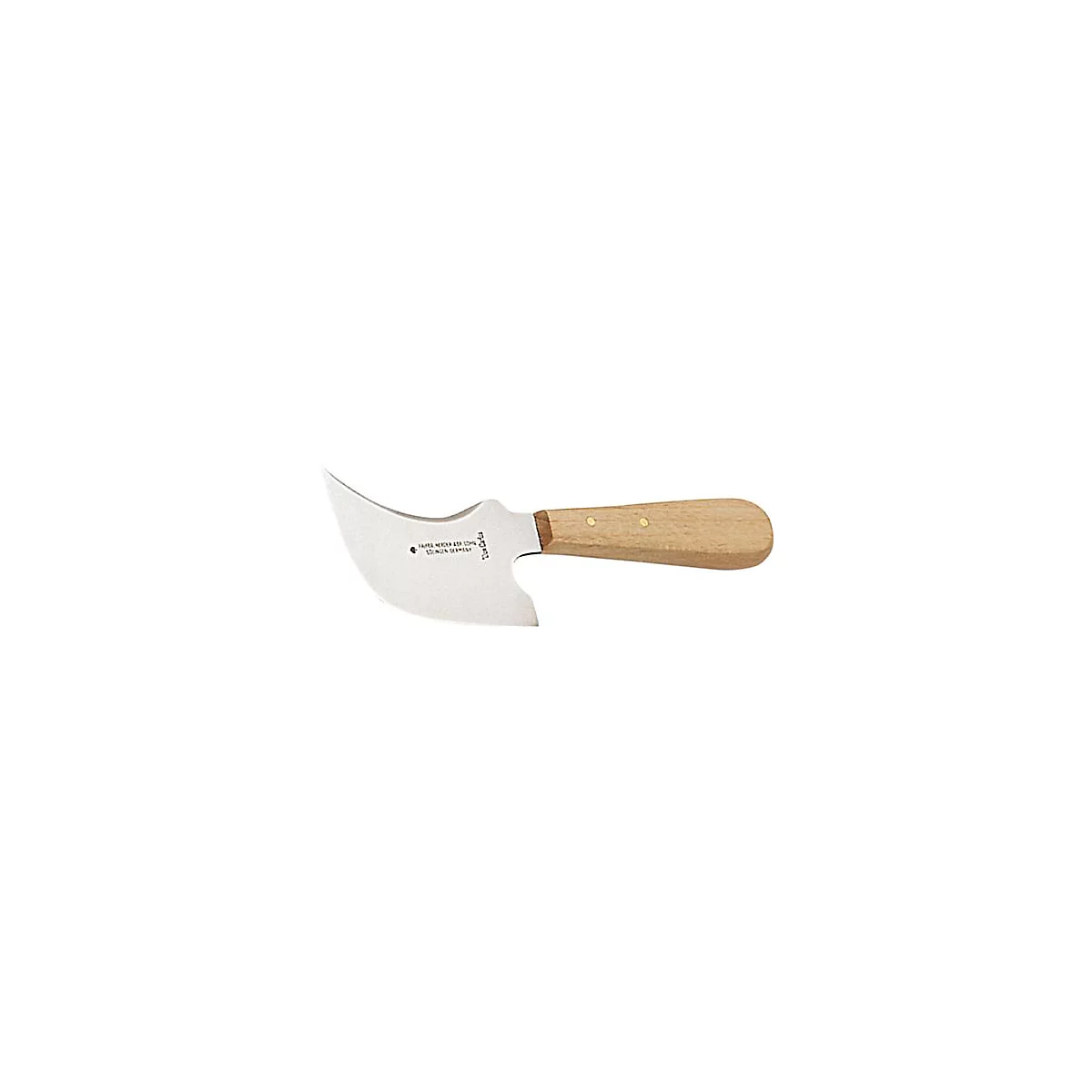 Un couteau courbé avec un manche en bois et une lame en métal. La lame porte l'inscription "Titel Carla" et d'autres textes.