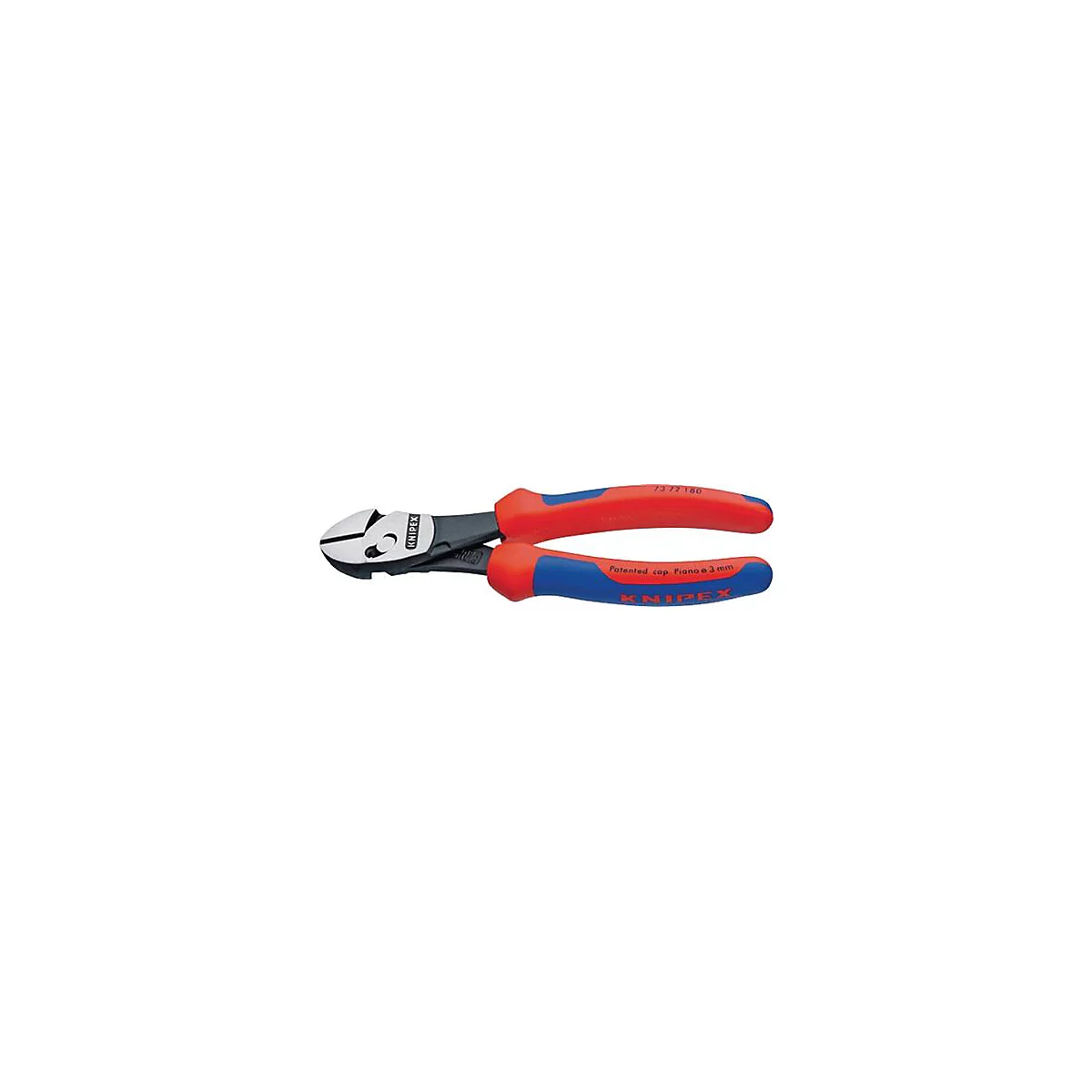 Pince coupante Knipex, rouge et bleu, avec poignées, vue détaillée des arêtes coupantes.
