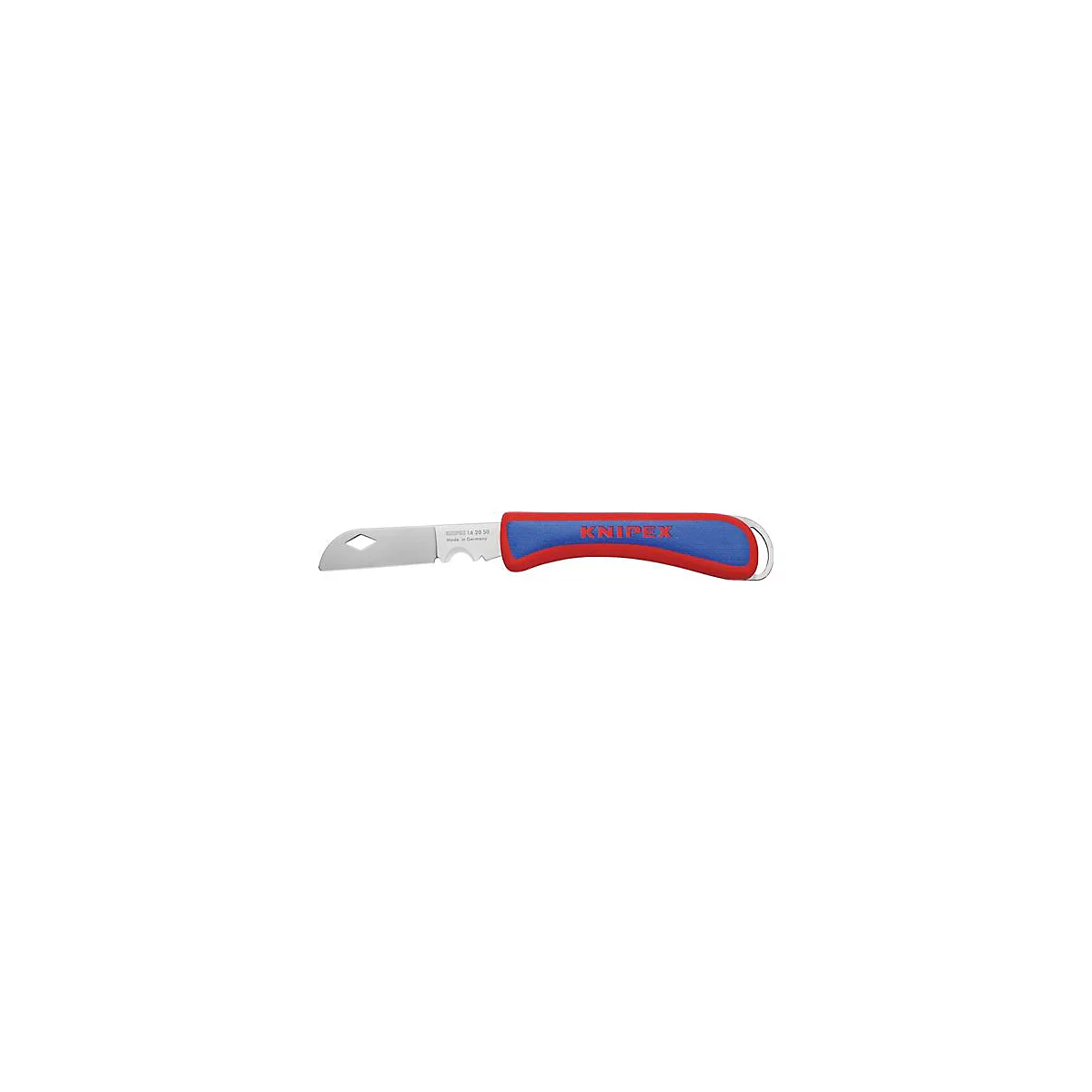 Un couteau avec un manche bleu et rouge et une lame argentée. La lame porte l'inscription "Knipex" et d'autres mots.