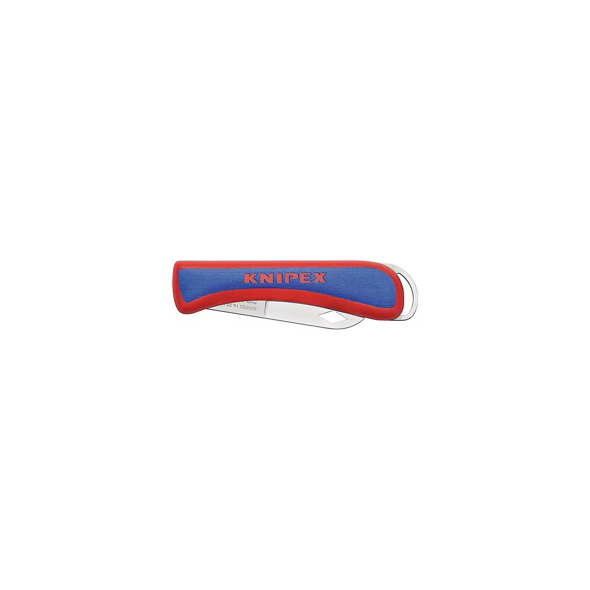 Gros plan sur un couteau Knipex rouge et bleu, avec une lame argentée. Le logo est clairement visible.