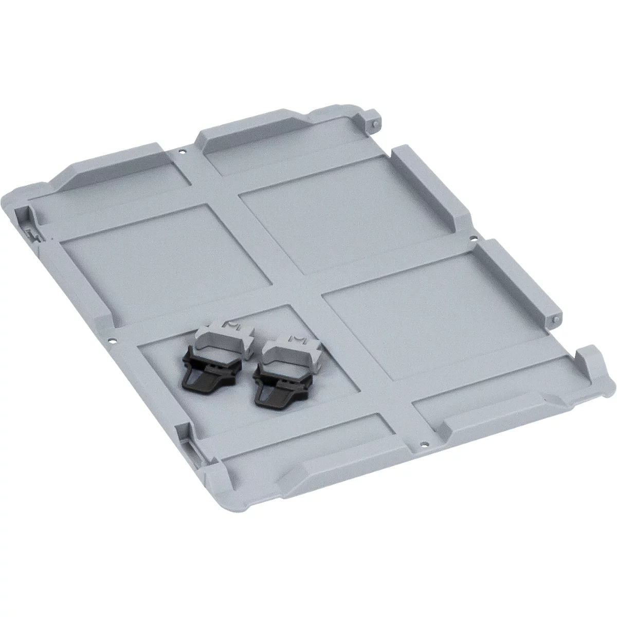 Plaque de base en plastique gris avec deux clips de retenue noirs dans l'un des quatre carrés.