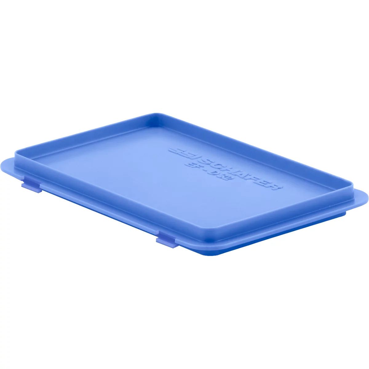 Couvercle en plastique rectangulaire bleu avec le texte "SCHAFER" et "SP-UN".