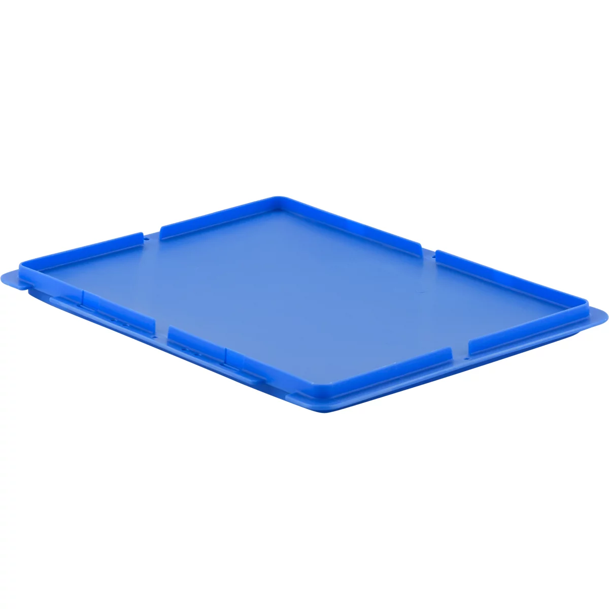 Couvercle rectangulaire en plastique bleu avec un bord surélevé sur fond blanc.