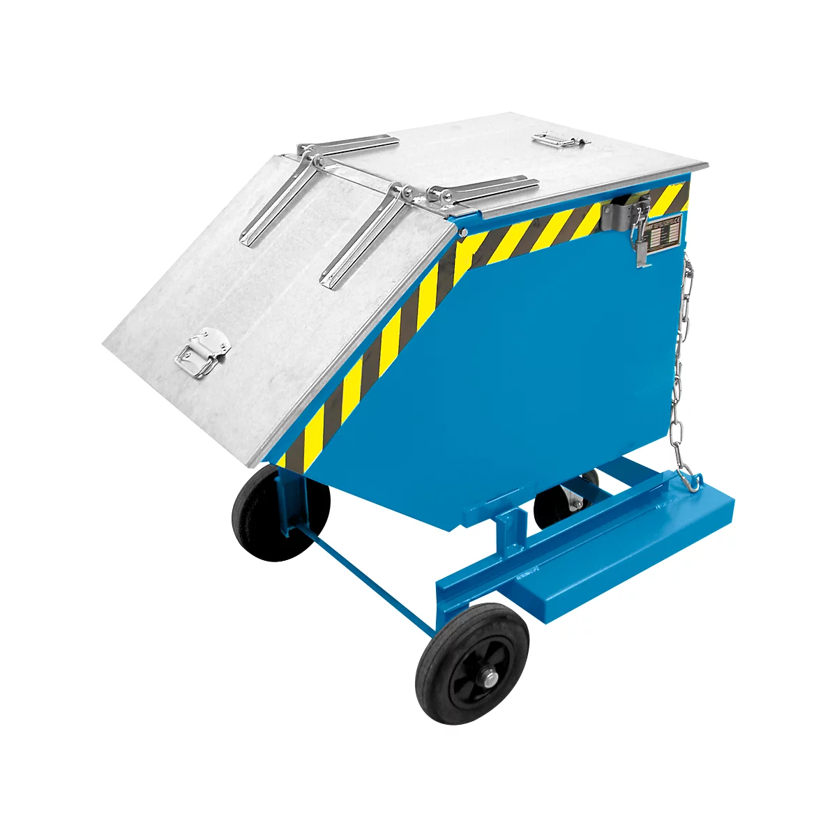 Chariot conteneur bleu avec couvercle, bande d'avertissement jaune-noir et chaîne.