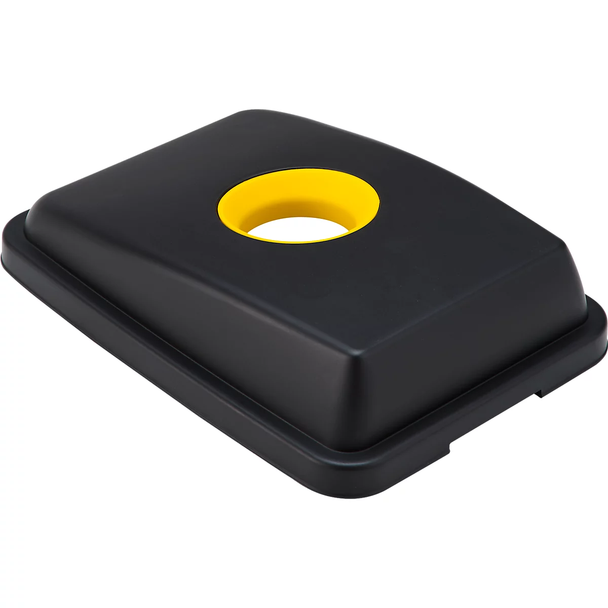 Couvercle noir avec ouverture jaune pour une poubelle.