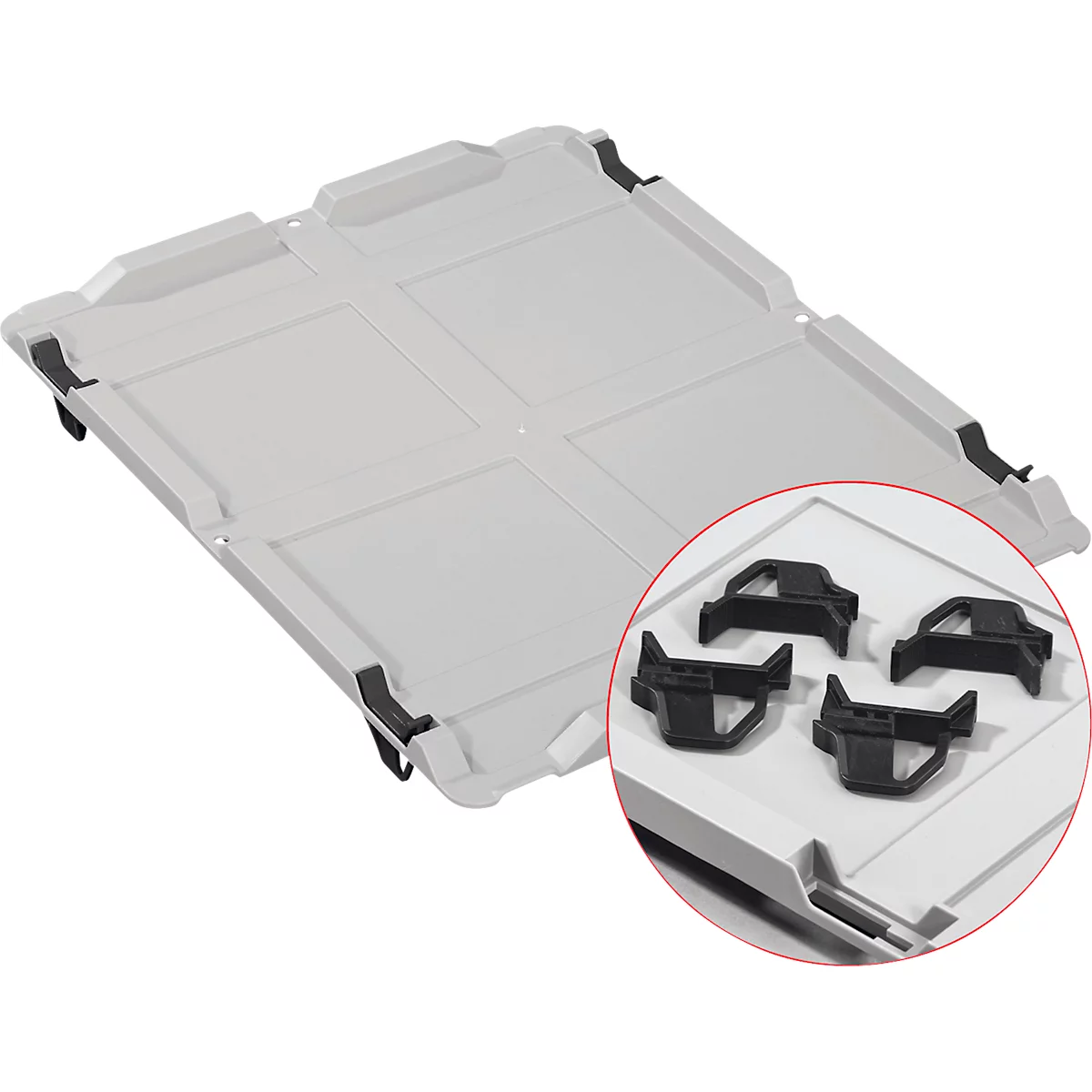 Plaque de transport en plastique gris avec quatre clips de fixation noirs en vue détaillée.