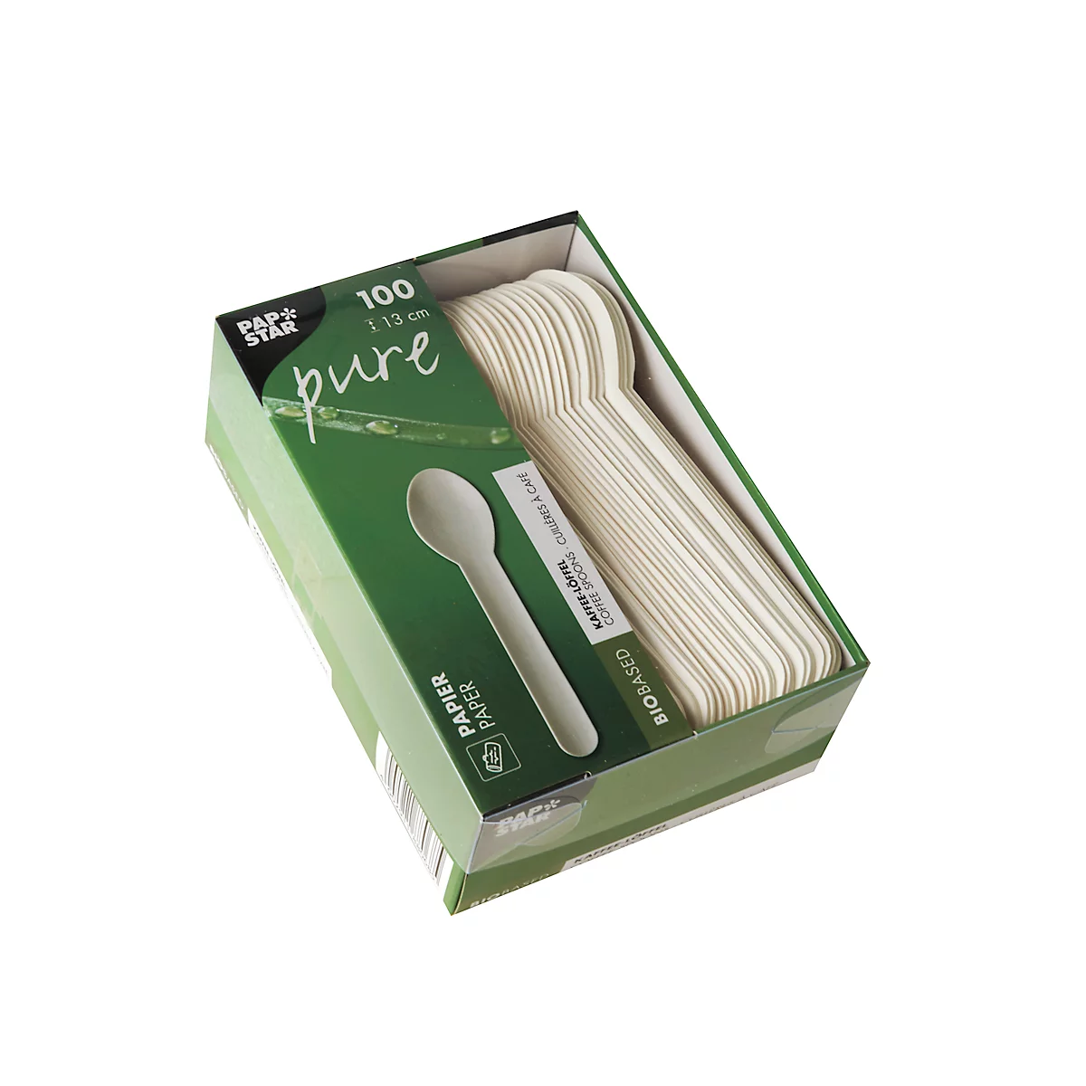 Couverts jetables Papstar Pure, cuillère à café, L 130 mm, biodégradable, en papier certifié FSC®, blanc, 100 pièces.