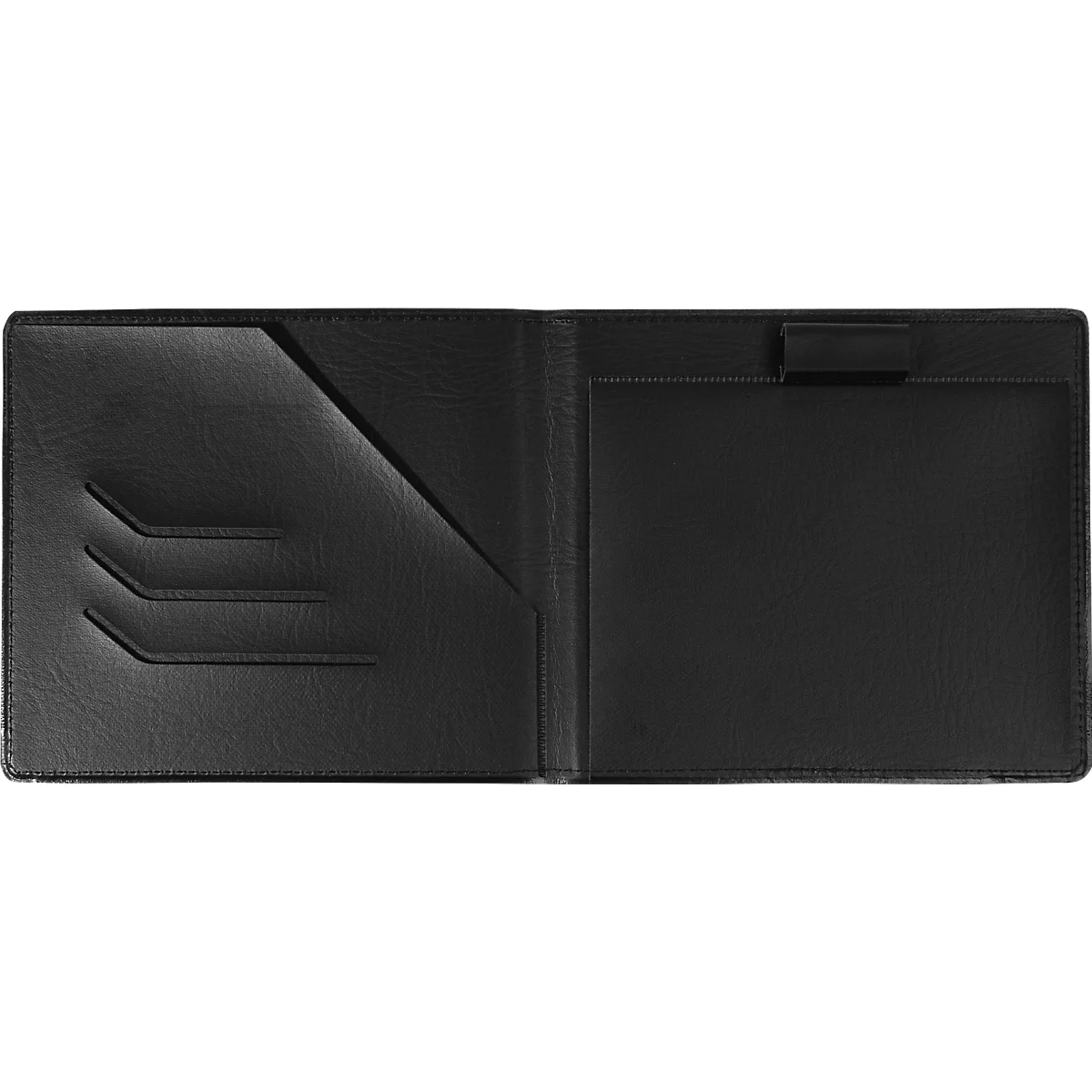 Dossier en cuir noir ouvert, avec compartiments pour cartes et stylos.