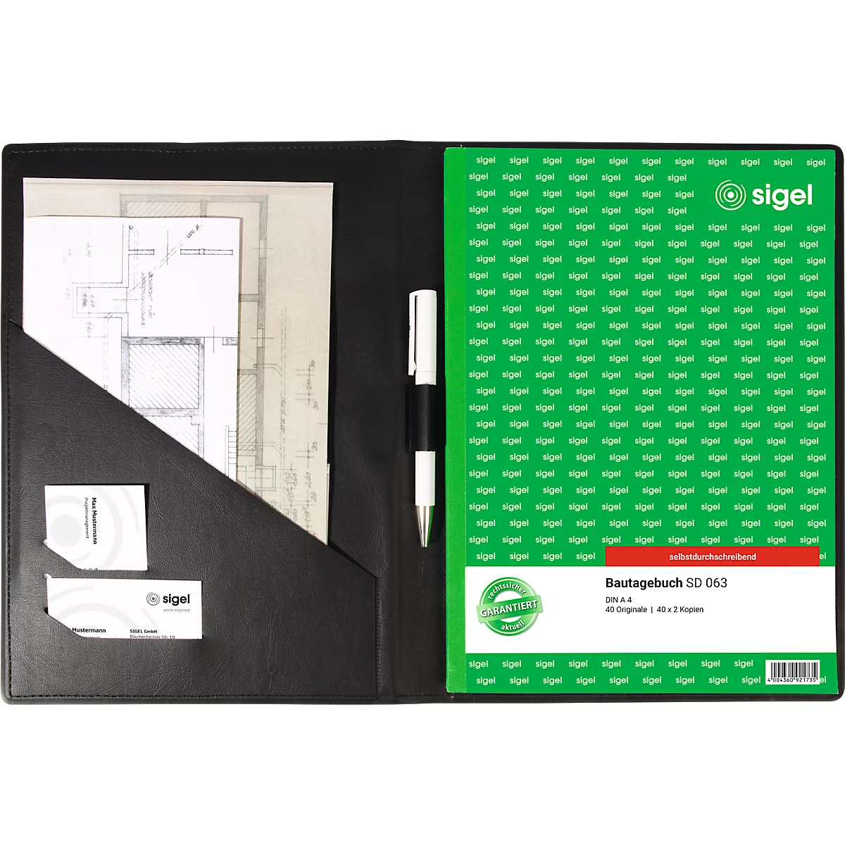 Dossier noir, documents et cartes de visite à gauche, carnet vert à droite, stylo entre les deux. Le tout pour la construction.