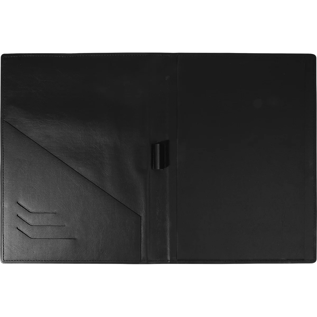 Chemise de documents noire ouverte avec poches et boucle pour stylo.