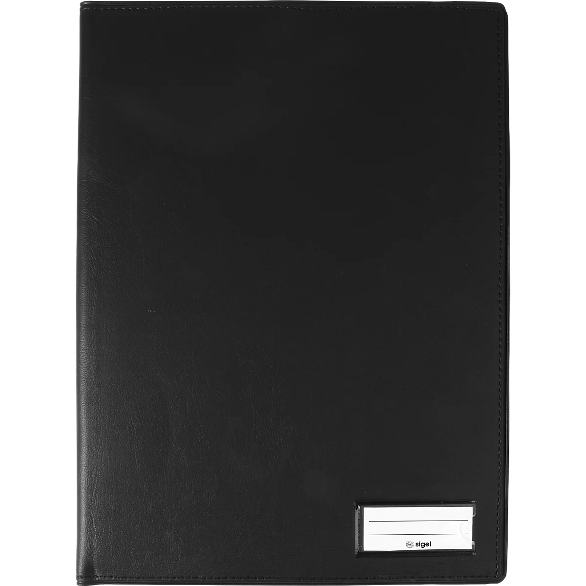 Classeur noir avec étiquette blanche.